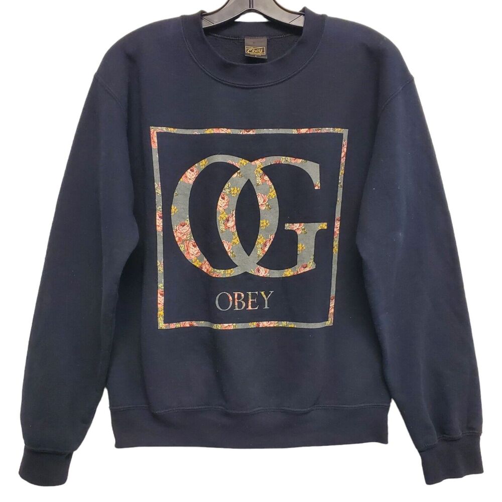 OBEY Sweater Adult Small Black OG Box Logo Spell Out Floral Pullover Streetwear